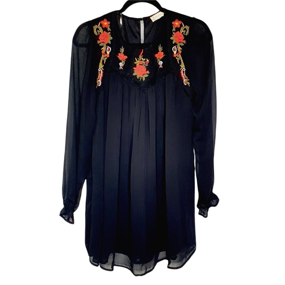 Altar'd State Boho Embroidered Rose Long Sleeve Semi Sheer Mini Dress Size XS